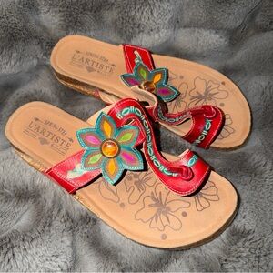 L’Artiste By Spring Step Akati Red Green Leather Thong Flip Flop Sandal 39 New